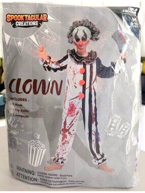 Killer Clow Costume Kids 8-10 Jumpsuit Mask Toy Knife Halloween Horror Evil NEW